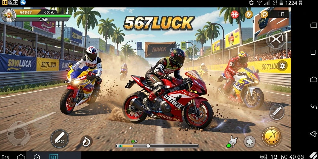 Screenshot gameplay 567LUCK menampilkan balapan motor yang mendebarkan.