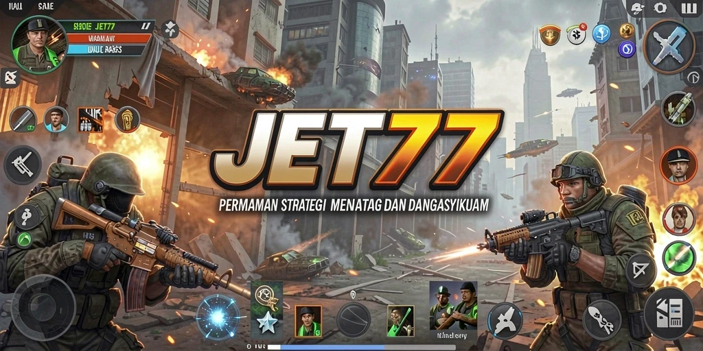 Tangkapan layar gameplay JET77 yang memperlihatkan pertempuran strategis yang intens.