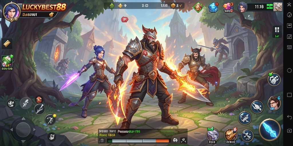 Screenshot utama gameplay LUCKYBEST88 menampilkan karakter dan pertarungan RPG.
