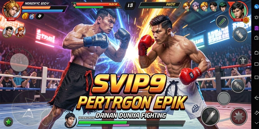 Screenshot gameplay SVIP9 menampilkan karakter bertarung dalam arena yang penuh aksi.